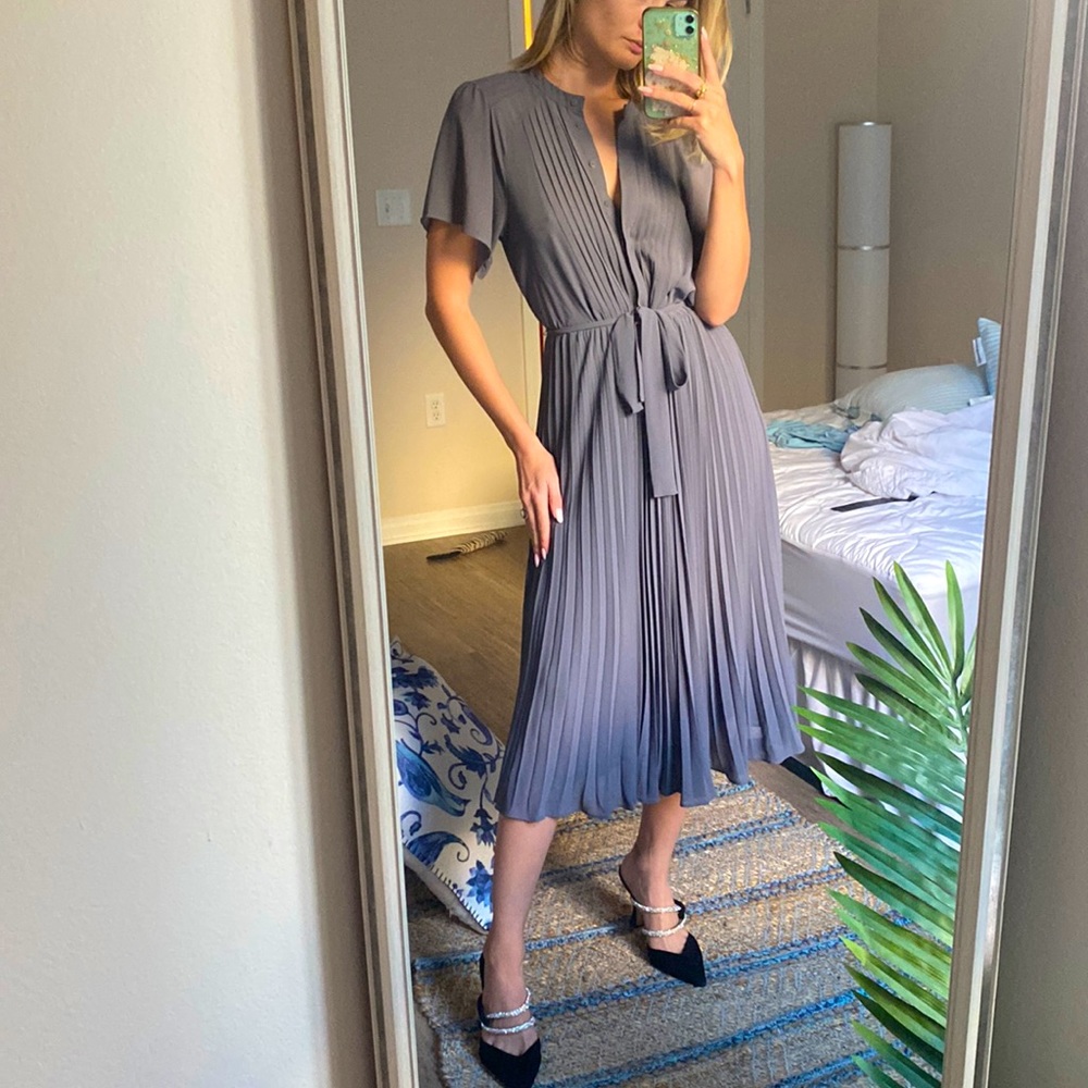 Flowy grey midi dress.